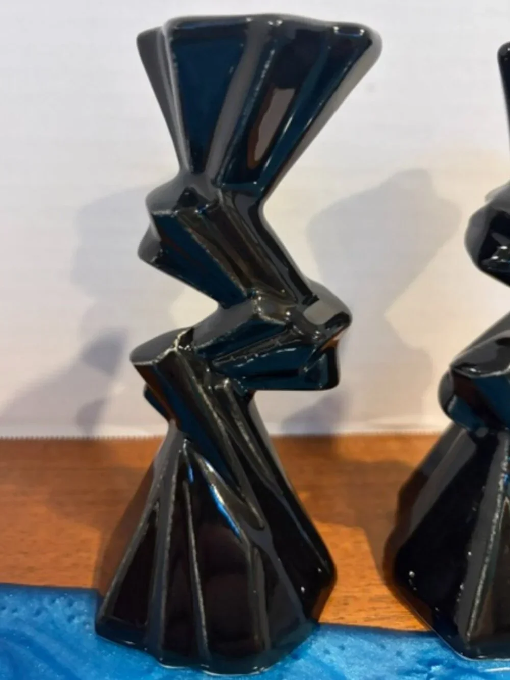 Pair of Black Art Deco Geometric Ceramic Candlestick Holders